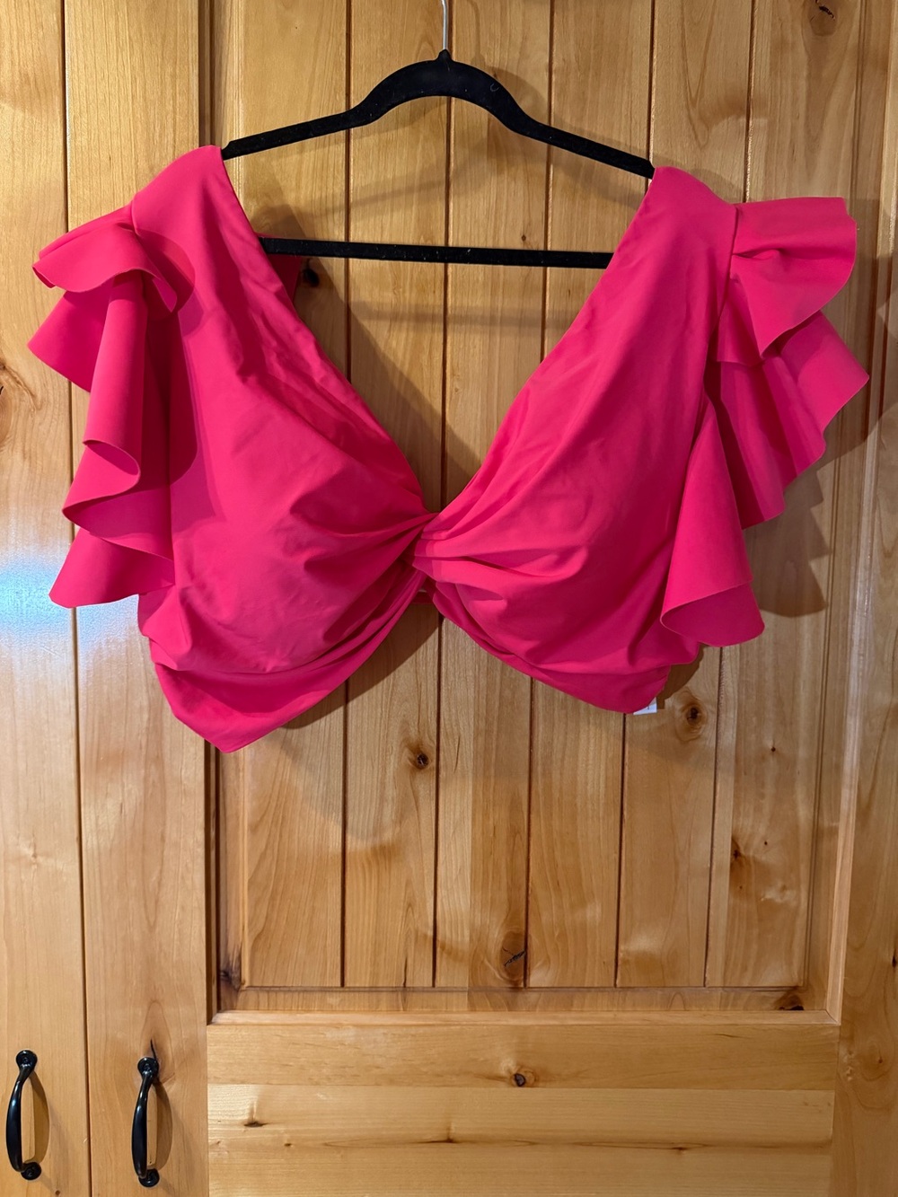 Eloquii | Twist Front Ruffle Shoulder Bikini Top | Bright Pink